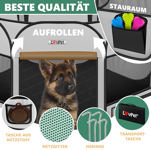 LOVPET® Welpenlaufstall Tierlaufstall Faltbar für Kleintiere Hunde, Katzen Inkl. Hundenapf und Fleece Decke Hundelaufstall Freigehege Oxfordgewebe Pop-up System Indoor & Outdoor, Hellgrau/Schwarz