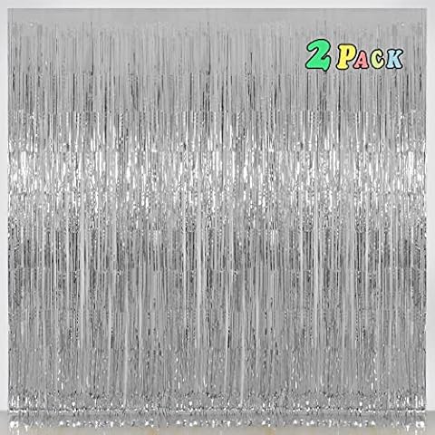 Silver Backdrop Curtains for Parties, Melsan 3.2 x 8 ft Foil Fringe Curtains Backdrop for Birthday,Engagement,New Year Eve, Disco Party Backdrop Decorations, Pack of 2 Cover