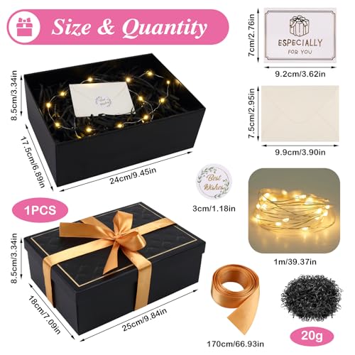 Geschenkbox mit Deckel für Geburtstag Hochzeit Feiertage: TAIHOBO Geschenk Box mit Raffia Grußkarten Licht, 25×18×8,5cm Geschenkkarton Klein, Geschenkschachtel für Geschenkverpackung (Schwarz)