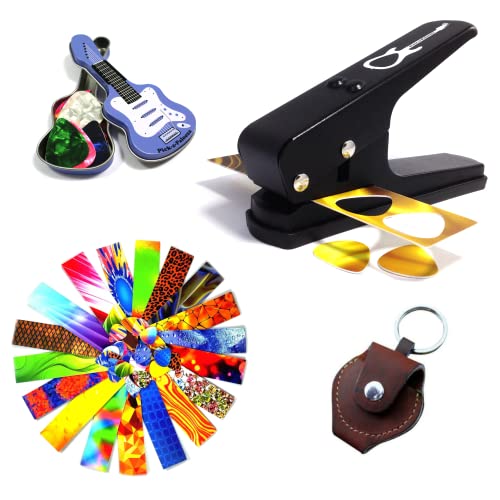 Pick-a-Palooza Guitar Pick Punch Gift Pack Bundle with Guitar Pick Strips (Blaze) Leather Guitar Pick Holder and Custom Guitar Pick Tin - Black