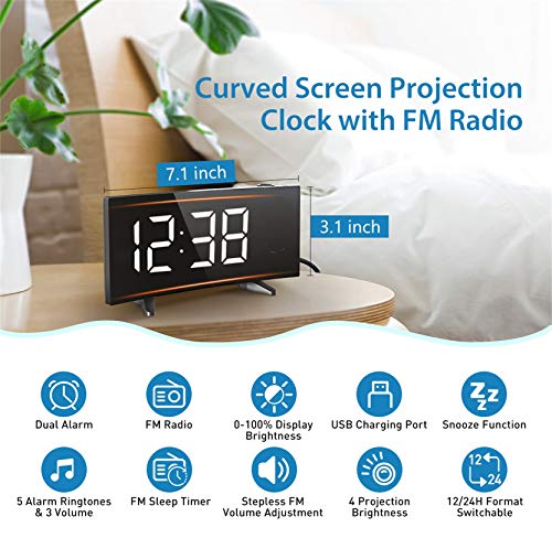 PICTEK Projection Digital Clock Radio for Bedrooms Ceiling with USB Phone Charger, 5'' Large Curved LED Display, 6 Dimmer, Dual Alarms with 4 Sounds, Snooze, 1.white - Thumbnail 6