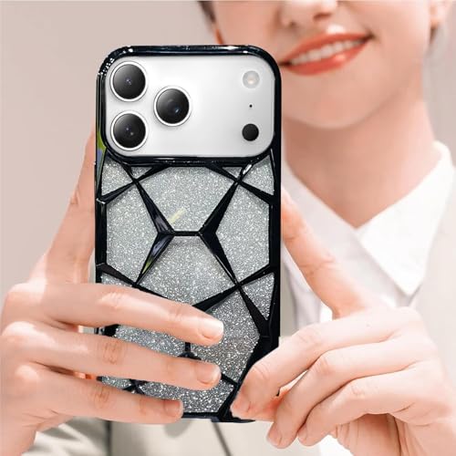 Image of VONZEE Gradient Glitter Back Cover Case Compatible with iPhone 17 Pro, Luxury Electroplated 3D Cube, Diamond Bling Shiny Soft TPU Clear Shockproof Women Girls Protective Phone Cover (Black)