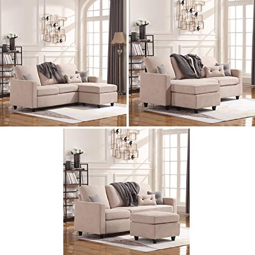 Honbay L Shaped Couch With Linen Fabric,Convertible, Reversible Sectional Sofa For Small Space, Dark Beige #TOP2