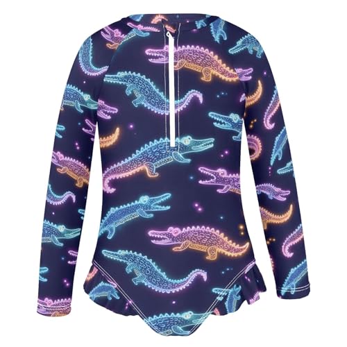 ALAZA Alligator Neon Black Girls One Piece Swimsuit Long Sleeve Rash Guard Swimsuits UV 50+ Swimwear Zipper2