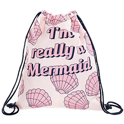 Jom Tokoy Packable Print Drawstring Bags Lightweight Travel Backpack (Mermaid)
