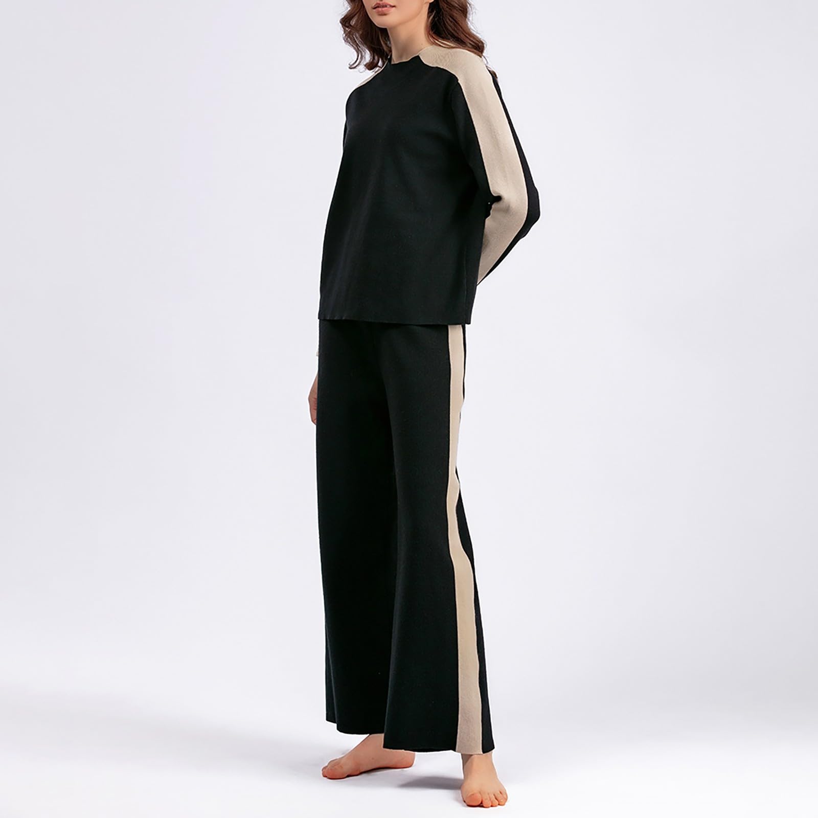 Suéter de punto de manga larga con cuello redondo para mujer, para otoño e invierno, color liso, pantalones de pierna ancha, versión holgada, ropa casual para el hogar, conjunto de pijama de algodón