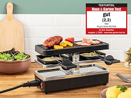 Tefal Plug & Share Raclette 2 Personen, 400 Watt, 2 Pfännchen + Grillplatte, Ein-/Ausschalter, Antihaftbeschichtung, Raclette erweiterbar, abnehmbare Kabel, leichte Reinigung, schwarz/silber, RE2308