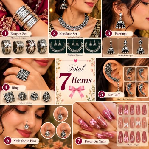 Image of Navratri Collection,7 Items | Gifting Combo for Women & Girls, Festive Jewellery Gift Set with Earrings, Bangles & Necklace, Traditional Indian Ethnic Accessories, Navratri Gift Hamper for Wife, Sister, Mother & Friends