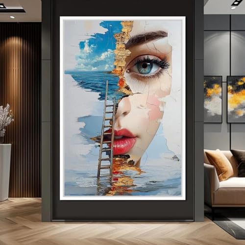Portrait de femme abstrait et escalier bleu sur toile d'art mural premium pour maison