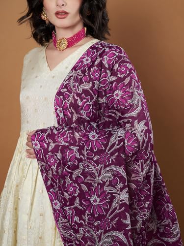 Image of Women's Cotton Blend Floral Print Dupatta with 2.20 Meters | Women's cotton printed dupatta with tassels