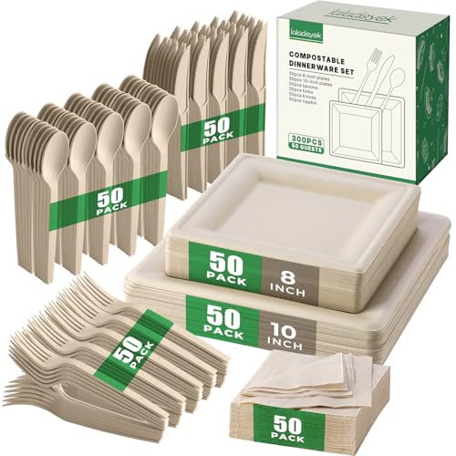 300Pcs Disposable Compostable Paper Plates Set