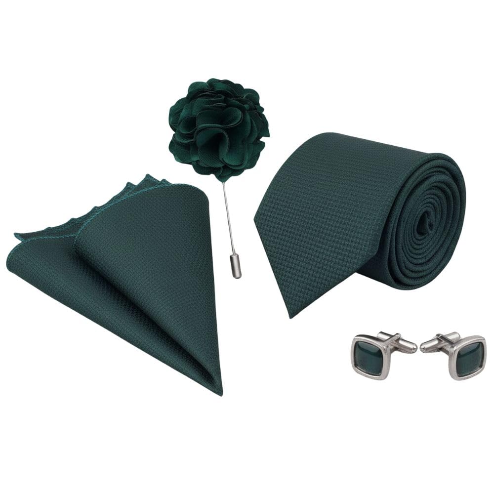 Men's Criss Cross Green Design MicroPoly Formal Necktie Tie With Pocket Square,Lapel Pin,Cufflinks, Solid Color Tie with Silky Feel (Leatharite Gift Box) (Pack of 4)-image-48