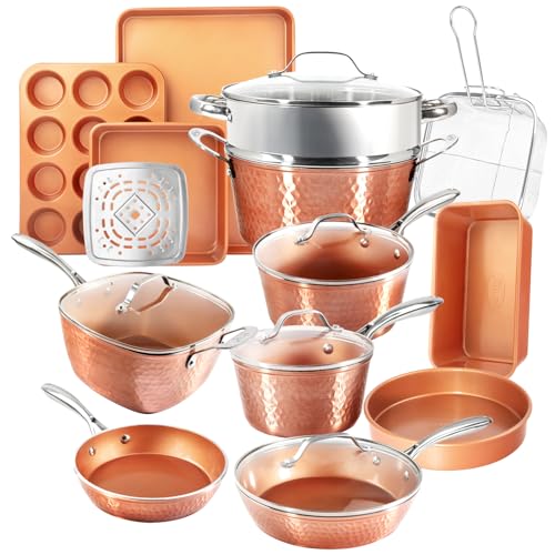 Gotham Steel Hammered 24 Pc Ceramic Cookware Set Nonstick, Induction Ceramic Pots and Pans Set Non...