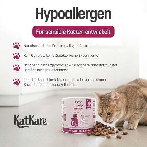 KatKare Hypoallergene Gefriergetrocknete Katzensnacks für empfindliche Katzen - Monoprotein Katzen Leckerlis Getreidefrei, ohne Zusatzstoffe, Monoprotein Proteinquelle - Perlhuhn Essential - 70g