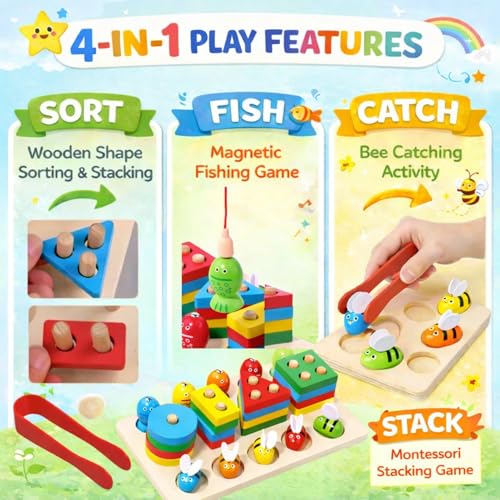 Image of 4 in 1 Wooden Fishing, Bee Catching, Shape Sorting & Stacking Toy | Montessori Magnetic Learning for Brain Development & Fine Motor Skills for Kids 1-5 Years