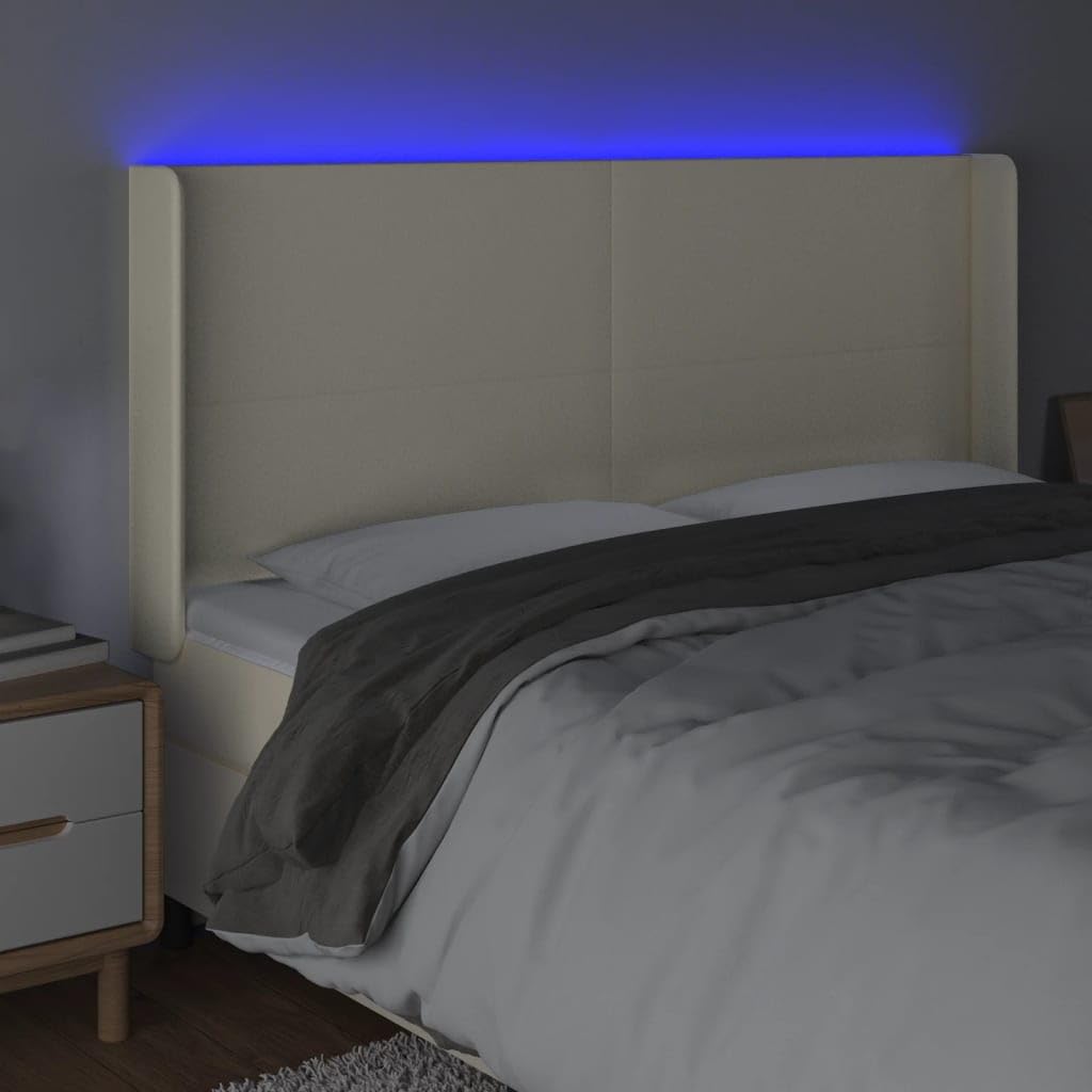 Cabecero de cama LED, color crema, 163 x 16 x 118/128 cm, altura regulable, piel sintética, espuma, luces coloridas, para jóvenes y adultos