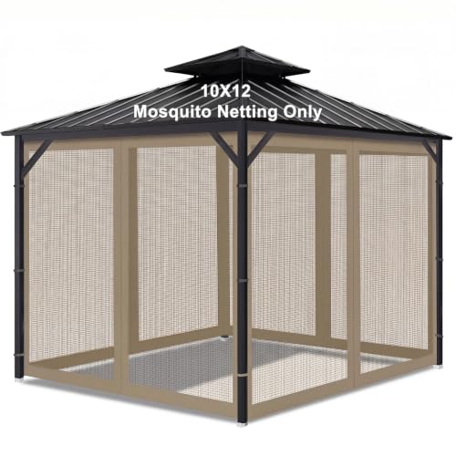 Gazebo Universal Replacement Mosquito Netting for Patio Outdoor – 10x12 Mesh Screen Curtains 4-Panel Sidewall Canopy Net with Zipper for Pergola Gazebo Screen Panels（Khaki）