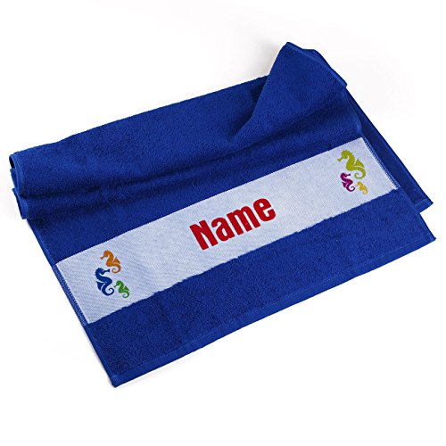 Herz & Heim® Handtuch 50 x 100 cm Seepferdchen mit Namensaufdruck Blau