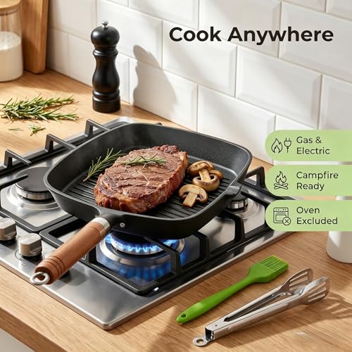 Cast Iron Grill Pan, 9 Inch Griddle Pan Skillet with Kitchen Tong & Brush - Image 5