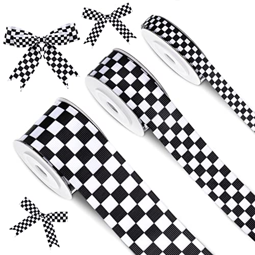 Cunno 3 Rolls Christmas Black and White Checkered Ribbon Grosgrain Printed Ribbon Racing Car Theme Printed Checkered Plaid Buffalo for DIY Crafts Wreath Party 0.4 0.87 1.5 Inch Wide 15 Yard
