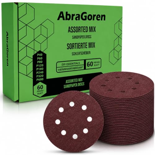 Pack of 60PCS 125mm Sanding Discs for Orbital Sander - Mixed Discs (P40 P60 P80 P120 P180 P240 P320 P600) - Hook and Loop with 8 Holes
