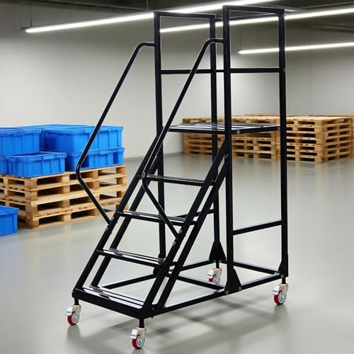 Image of 5 Step Rolling Ladder - Mobile Rolling Stairs with Wheels, Heavy Duty Industrial Safety Non-Slip Metal Rolling Ladders, 1100lbs Capacity, for Warehouse, Garage, Supermarket