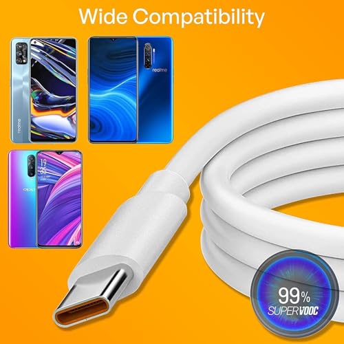 Image of 100W Original Supervooc Fast Charging Cable Compatible with Realme 15 /15t /14 /14+ /13 /12 /12x /P4 /P3 /P2 /Narzo 80 /70x /70 turbo /60 /60x /50 /Pro /Plus /Lite /5G /4G, C65 /C75 /C73 /C55 /C61 /C63 /C33 /C35, White