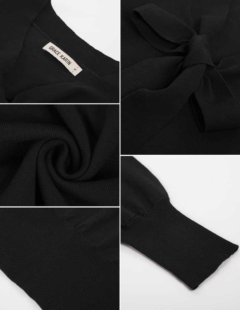 GRACE KARIN Blusa Elegante Donna a Manica Lunga Scollo a V con Fiocco Tinta Unita da Ufficio
