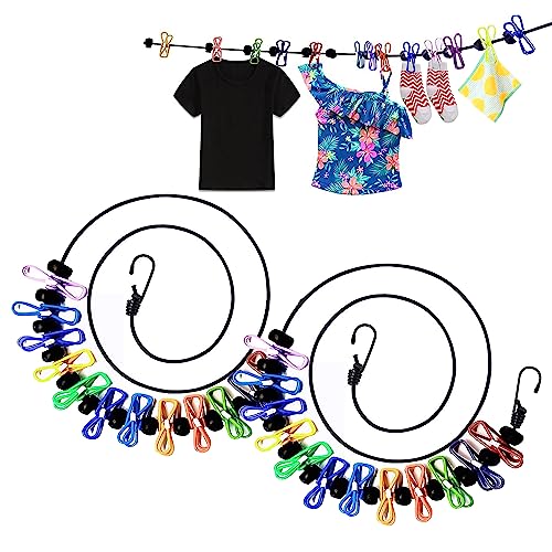 VENGABY 2 Pack Retractable Portable Washing Line, Elastic Clothesline Travel Camping Washing Line Rope with Pegs, for Indoor Laundry Drying Line, Outdoor Camping Accessories, 12 Wire Clips (Colorful)