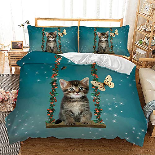 MAODU Housse de Couette 140x200 Chaton Papillon Parure de Lit avec Fermeture éclair en Microfibre Adulte 1 Personne(1 Housse Couette,2 Taie d'oreiller 80x80) Cover