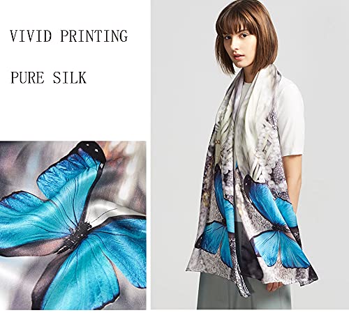 Andantino 100% Mulberry Silk Long Scarf For Women Large Shawls For Headscarf And Neck- Oblong Hair Wraps With Gift Packed (Blue Butterflies) #TOP2