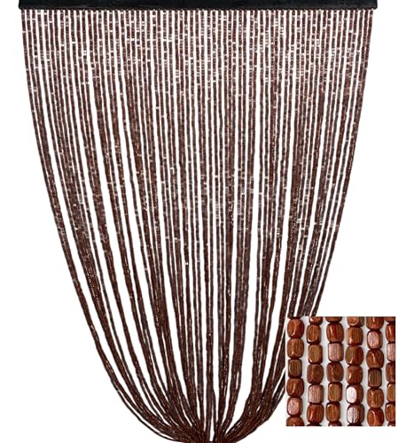 Rideau à perles en bois marron fait à la main Nature – fils bambou 100 % naturel – tige noire – Usage intérieur – Décoration de porte – 100 x 220...