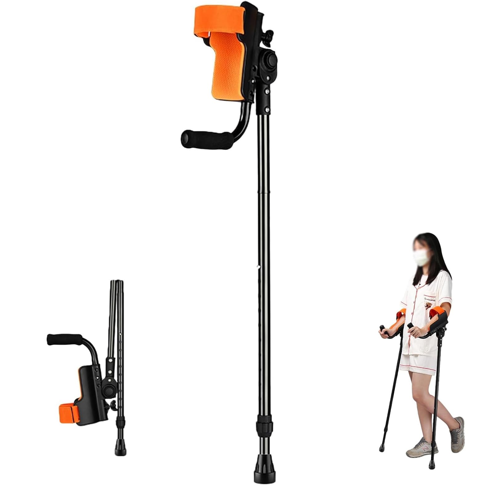 Przenośne kule łokciowe, regulowane kule przedramienia do urazów nóg, wsparcie do 100 kg, 14 opcji wysokości (150-180 cm), 3-biegowa podpórka na łokieć, składana konstrukcja