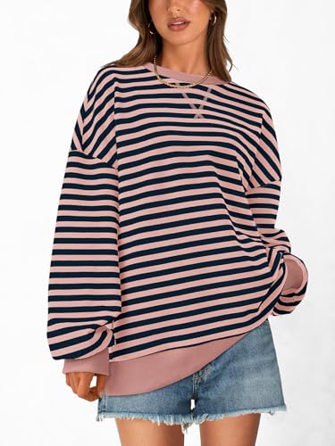 Image of PRETTYGARDEN Womens Striped Oversized Sweatshirt Color Block Crew Neck Long Sleeve Casual Loose Pullover Top Y2K Clothes