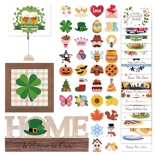GAGILAND 48 Pcs St. Patrick's Day Tiered Tray Decor Spring Bee Interchangeable Seasonal Home Decor Wooden Signs 17 Themes Easter Tiered Tray Decorations Set Year Round Holiday Decoration for Home