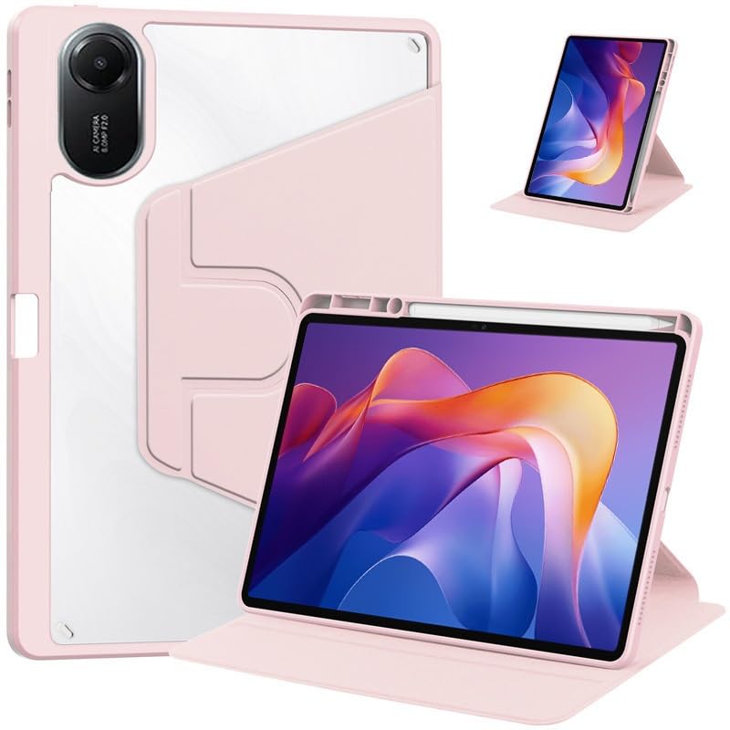 360° Rotation PU Leather Tablet Case Suitable For Lenovo Yoga Tab 2025 11.1" TB-710FU Acrylic Hard Cover With Pen Holder(Pink)