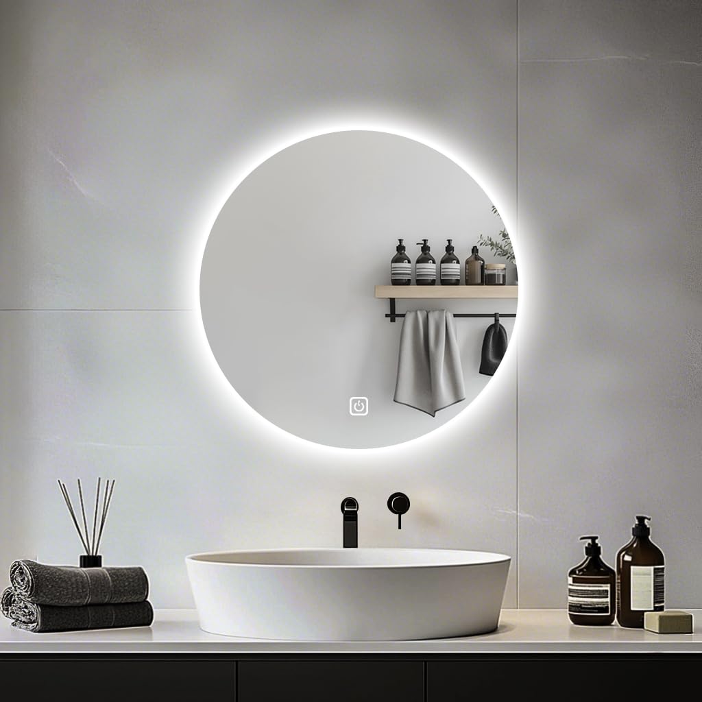 Espejo de baño LED para fregadero, espejo eléctrico redondo de 50 cm con luces retroiluminadas para afeitarse la ducha, montaje en pared sin niebla, iluminación regulable de 3 colores, IP54