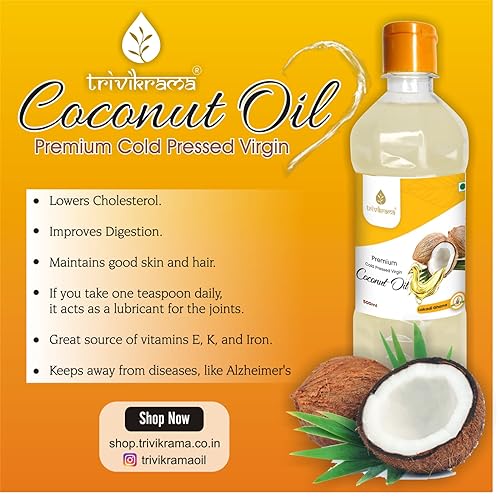 Image of Trivikrama Cold Pressed Unrefined Virgin Coconut Oil | 60% MCT | Multipurpose Usage | Daily Cooking| Keto Friendly | Naturally Cholesterol Free | A1 grade real coconut | From Makers of Parachute 1 L