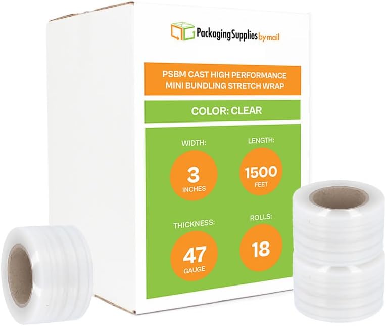 Mini Stretch Wrap for Packing with Handles, 18 Pack, 3 Inch x 1500 Feet, 47 Gauge, Durable Clear Plastic wrap for Moving, Packing wrap Plastic roll Also a Furniture Wrap