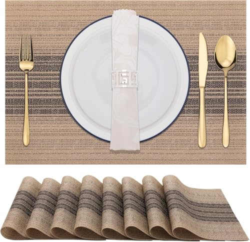 Image of Placemats Set of 6 Dining Table Place Mats | Placemats Table Mat PVC Material | Non-Slip Heat Resistant | Dining Tablemates Washable Anti-Skid | Size 45 x 30cm (Beige & Black)