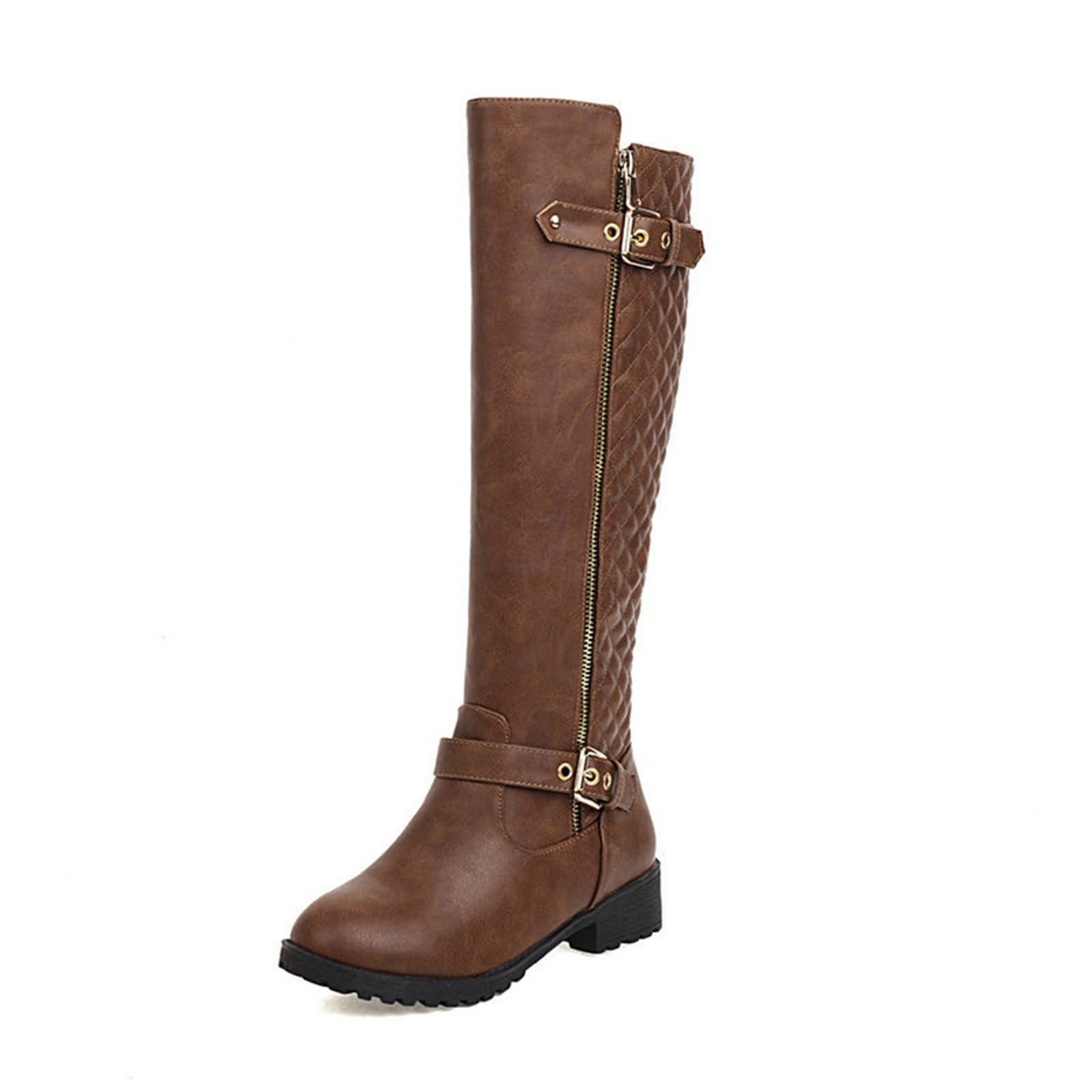 Womens Fashion Knee High Boots Motorcycle Riding Flat Low Heels Side Zipper Buckle Combat Boots