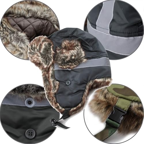 Image of Faux Fur Safety Reflective Aviator Trapper Hat Snow Ski Trooper Winter Cap