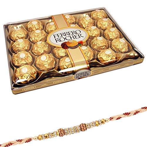 SFU E Com 24 Pieces Rocher with Rakhi | Rakhi with Rocher Chocolates | Rakhi Chocolate for Brother | Roli, Chawal, Chandan, Misri | 01