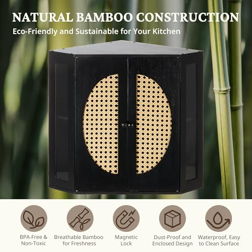 BRONYPRO Boho Rattan Corner Bread Box for Kitchen Counter – Medium Black Bamboo Storage with Adjustable Double Layer Partition - Image 3