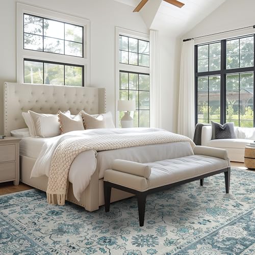 Domitapis Area Rug 8×10, Large Vintage Boho Rug,Ultra-Soft Low Pile, Washable, Non Slip,Stain Resistant, Printed Carpet for Living Room Bedrooms Playroom Office Kitchen, Turquise/Cream