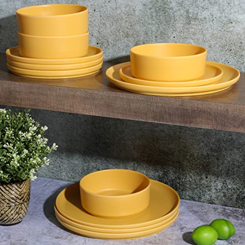 Gibson Home Canyon Crest 12 Piece Stackable Matte Melamine Set - Yellow Gold, Service For Four (12Pcs) #TOP5
