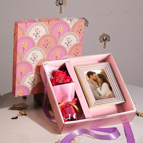 Image of Art Street Gift Hamper Box with Photo Frame, One Red Rose Bouquet Celebration and Gift for Family, Friends and Relatives (Pack of 3)