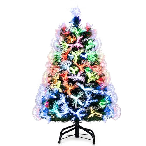 GYMAX Petit Sapin de Noël Artificiel 95cm, Fibres Optiques Lumineux Multicolores, Étoile au Sommet, 96 Branches en PVC, Support Métallique Pliable, Décoration pour...