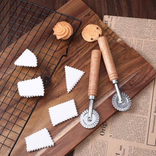 JIYIN 2 Pcs Pastry Wheel Cutter, Pastry and Pasta Cutter Wheel, Ravioli Pizza Cutter Wheels with Long Wooden Handle Dumpling Lace Making Noodle Dough Ruffled Edge Cookies Pie Cutting Tool