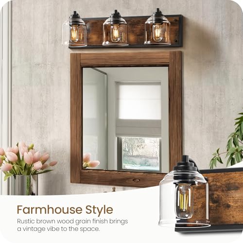 Image of 3-Light Bathroom Fixture, 23.2 inch Large Farmhouse Vanity Light, E26 Base (Bulbs Not Included), Thickened Glass Shade, for Bathroom, Bedroom, Vanity, Hallway, Rustic Brown and Black F17BD05
